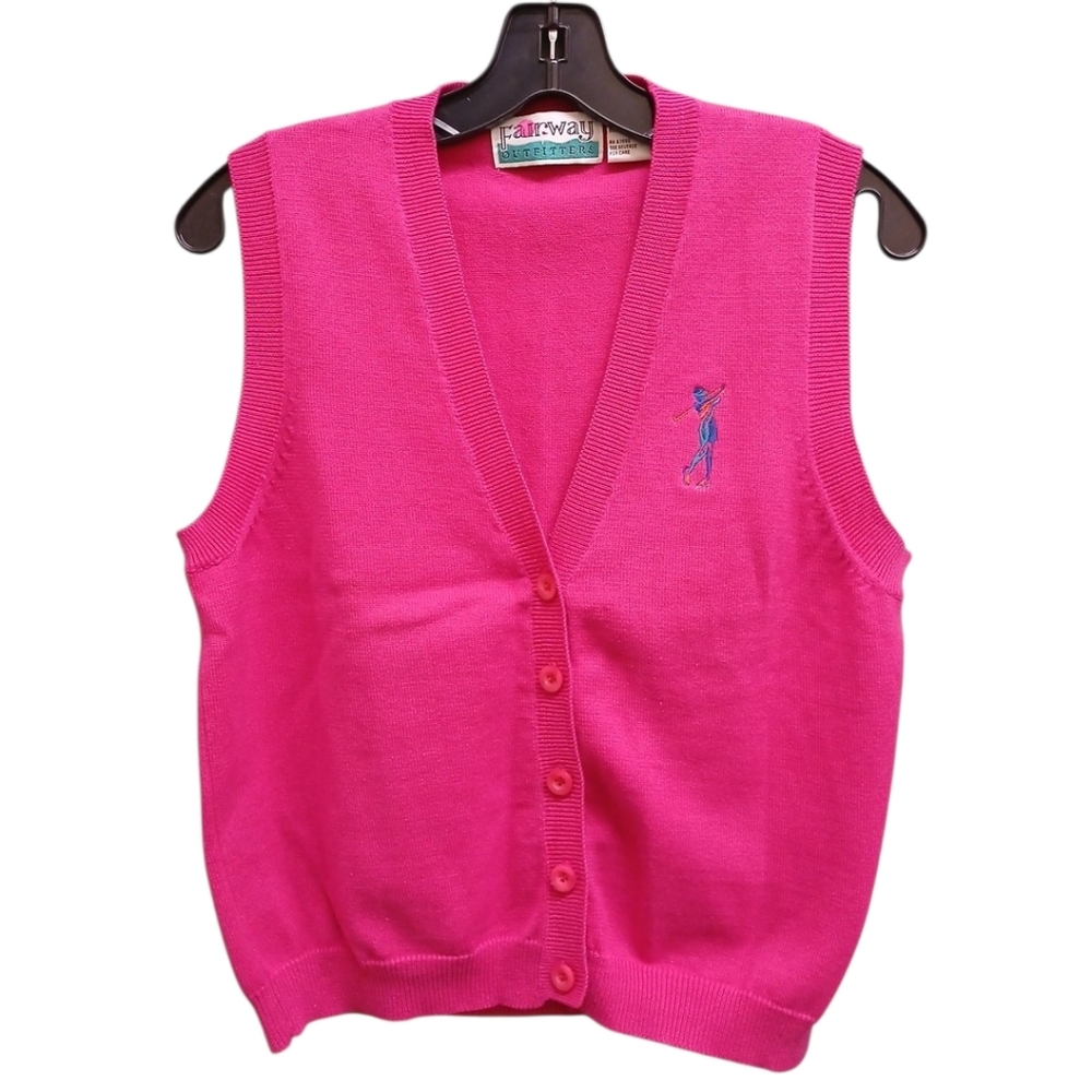 Vintage Golfer Embroidered Preppy Pink V-Neck Button Front Sweater Vest Medium